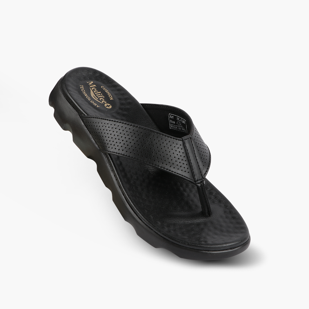 Broad Strap, Cushioned Leather Slippers for Women