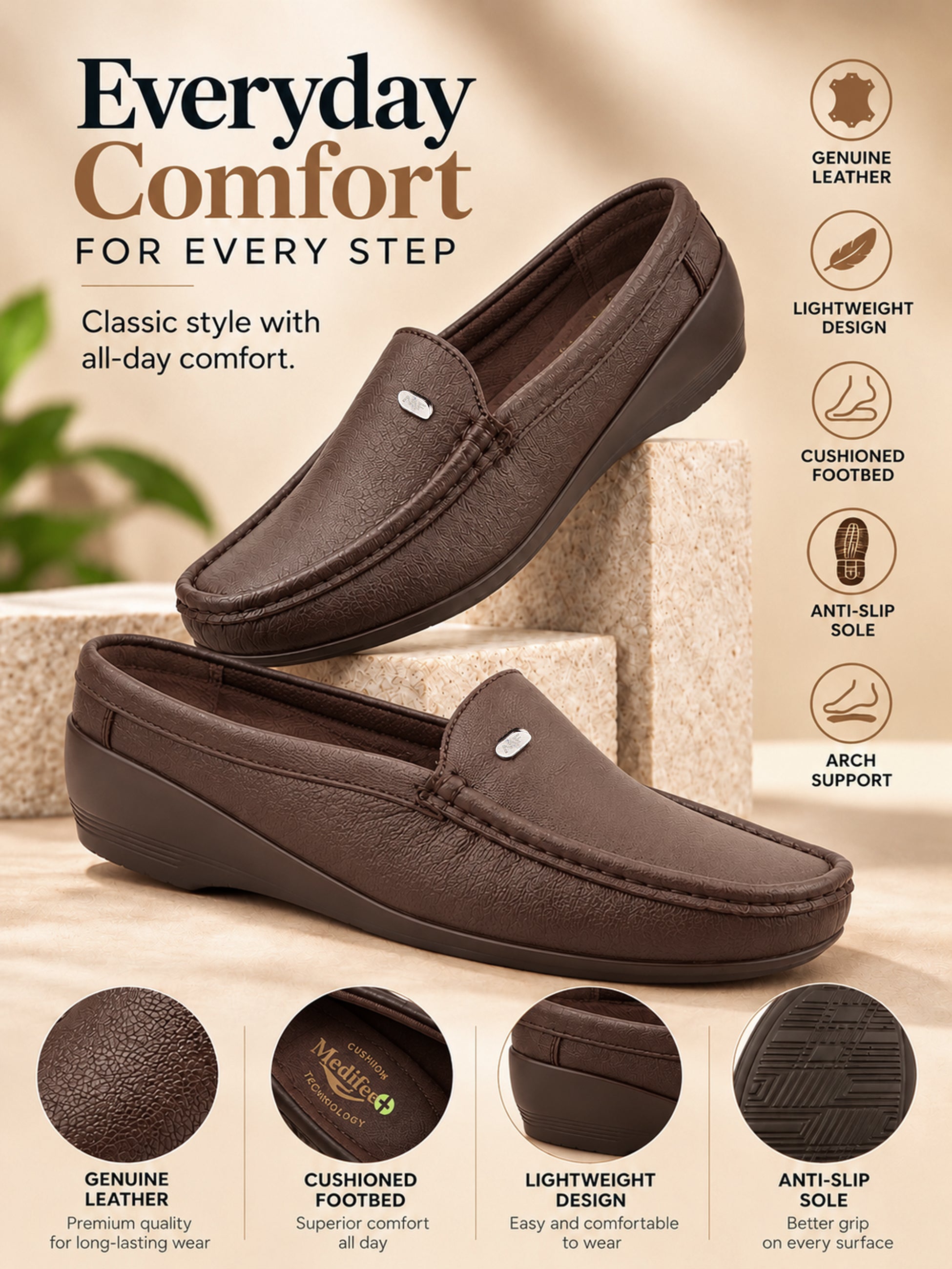 Medifeet Women’s Orthopedic Comfort Loafers – Black Slip-On Shoes with Arch Support & Cushioned Footbed