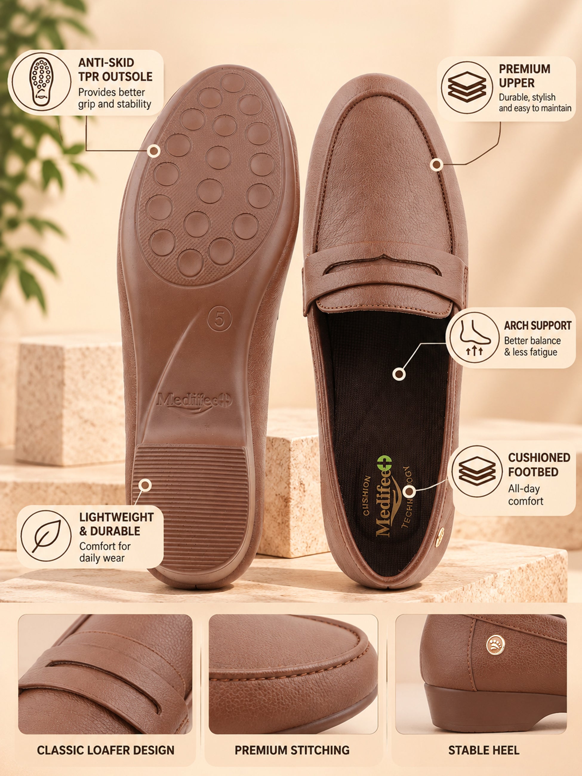 Medifeet Women’s Classic Slip-On Wedge Loafers – Orthopedic Office Work Shoes with Arch Support, German Bounce Cushion Technology, Stable Heel & Anti-Skid Sole | Ideal for Teachers, Corporate & Casual Wear