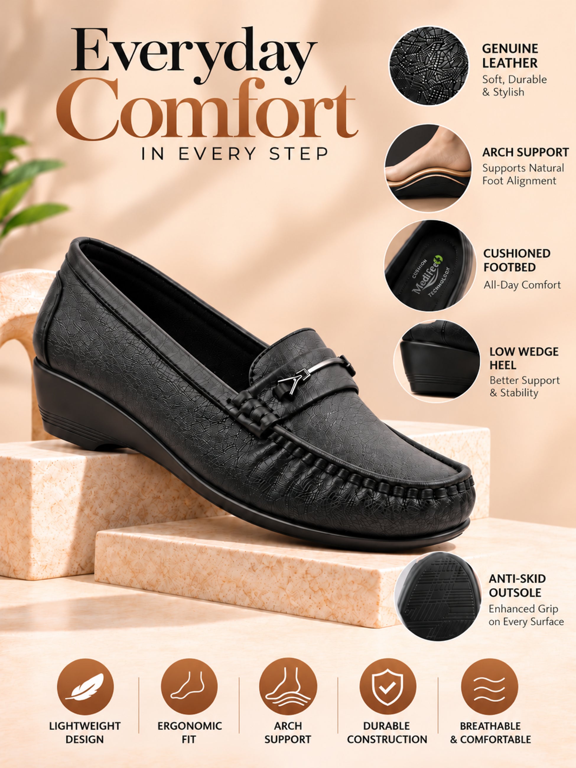 Medifeet Women’s Orthopedic Comfort Loafers – Slip-On Wedge Shoes with Arch Support, Cushioned Footbed & Metallic Horsebit Detail
