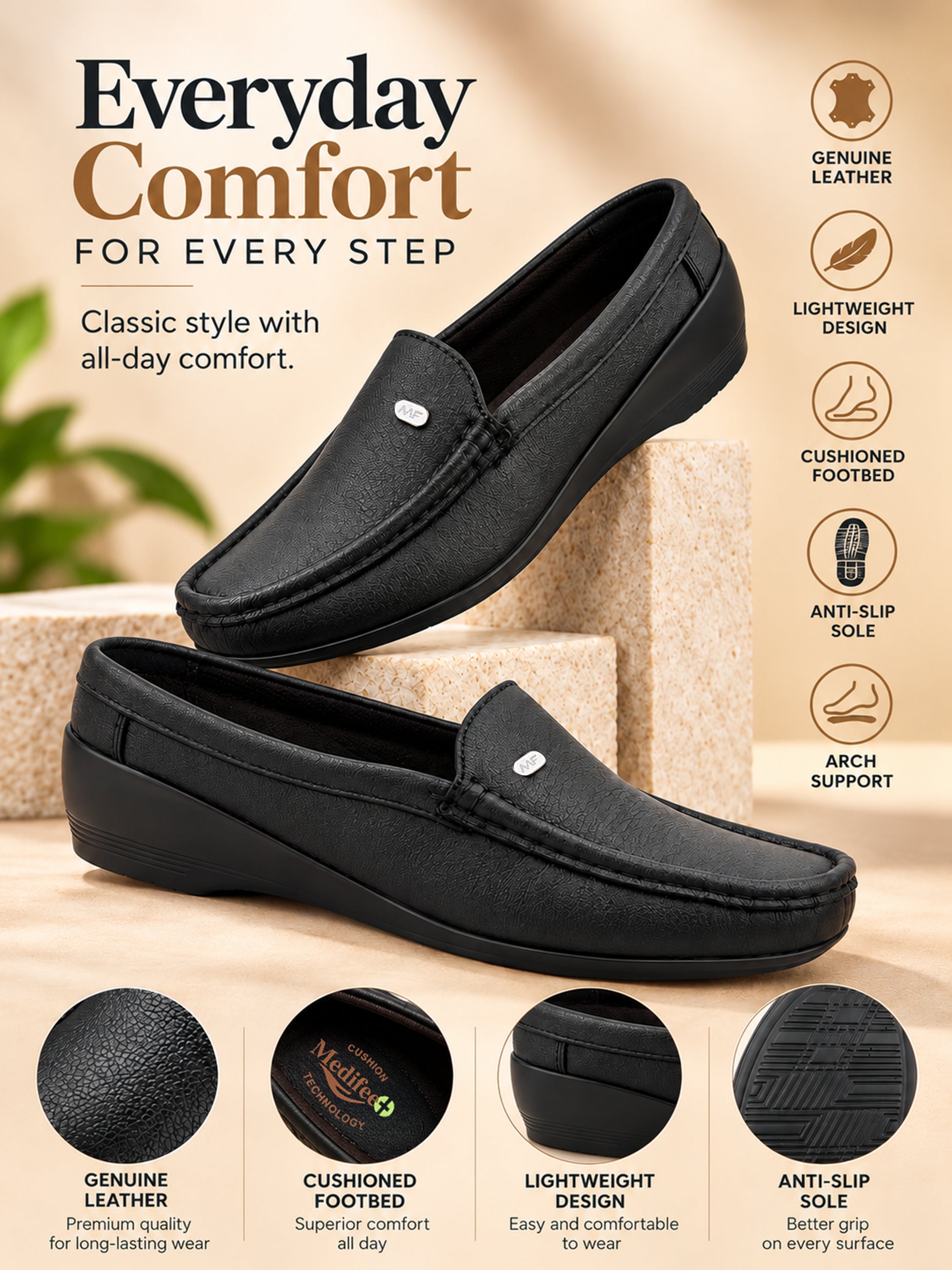 Medifeet Women’s Orthopedic Comfort Loafers – Black Slip-On Shoes with Arch Support & Cushioned Footbed