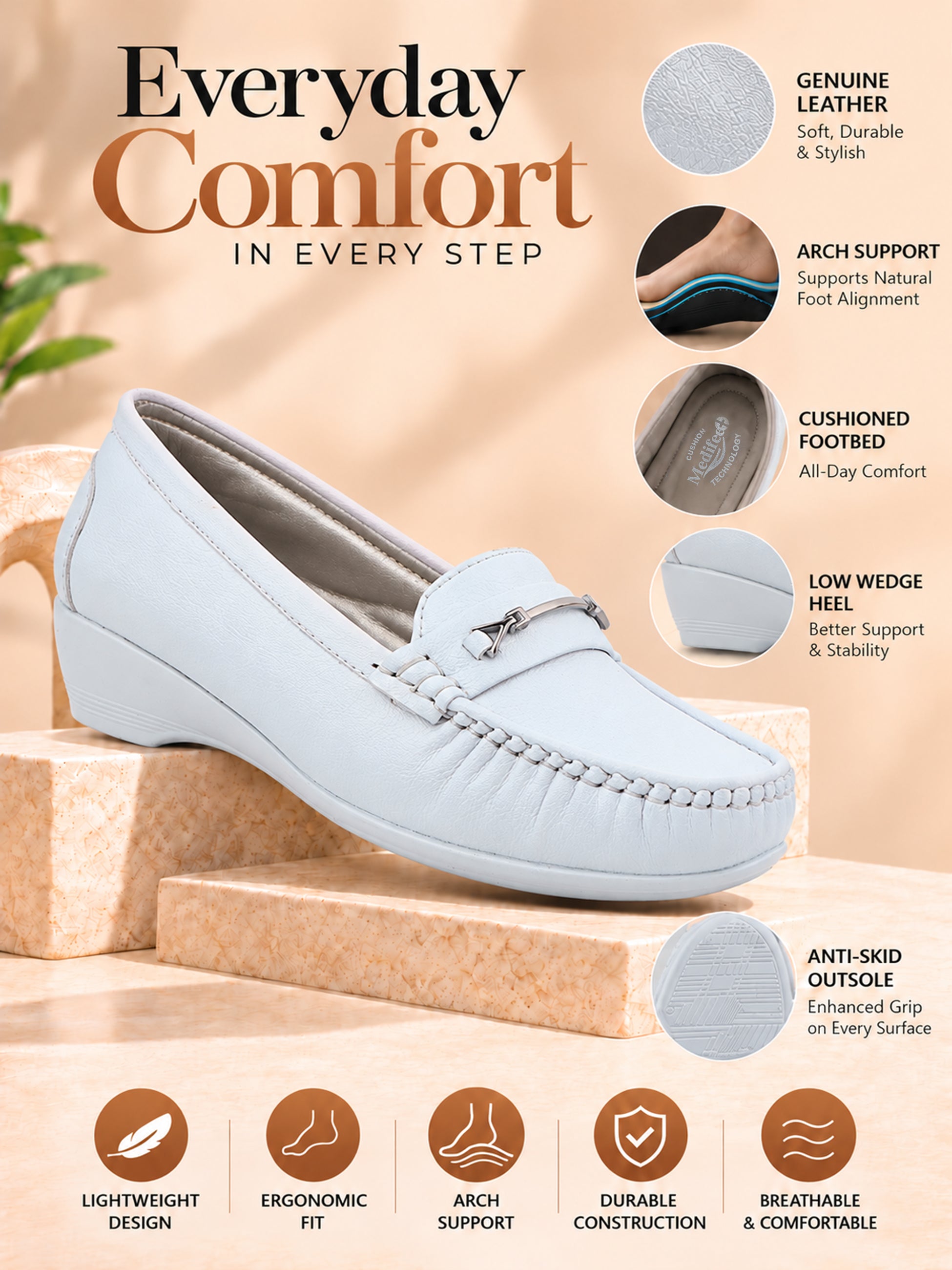 Medifeet Women’s Orthopedic Comfort Loafers – Slip-On Wedge Shoes with Arch Support, Cushioned Footbed & Metallic Horsebit Detail