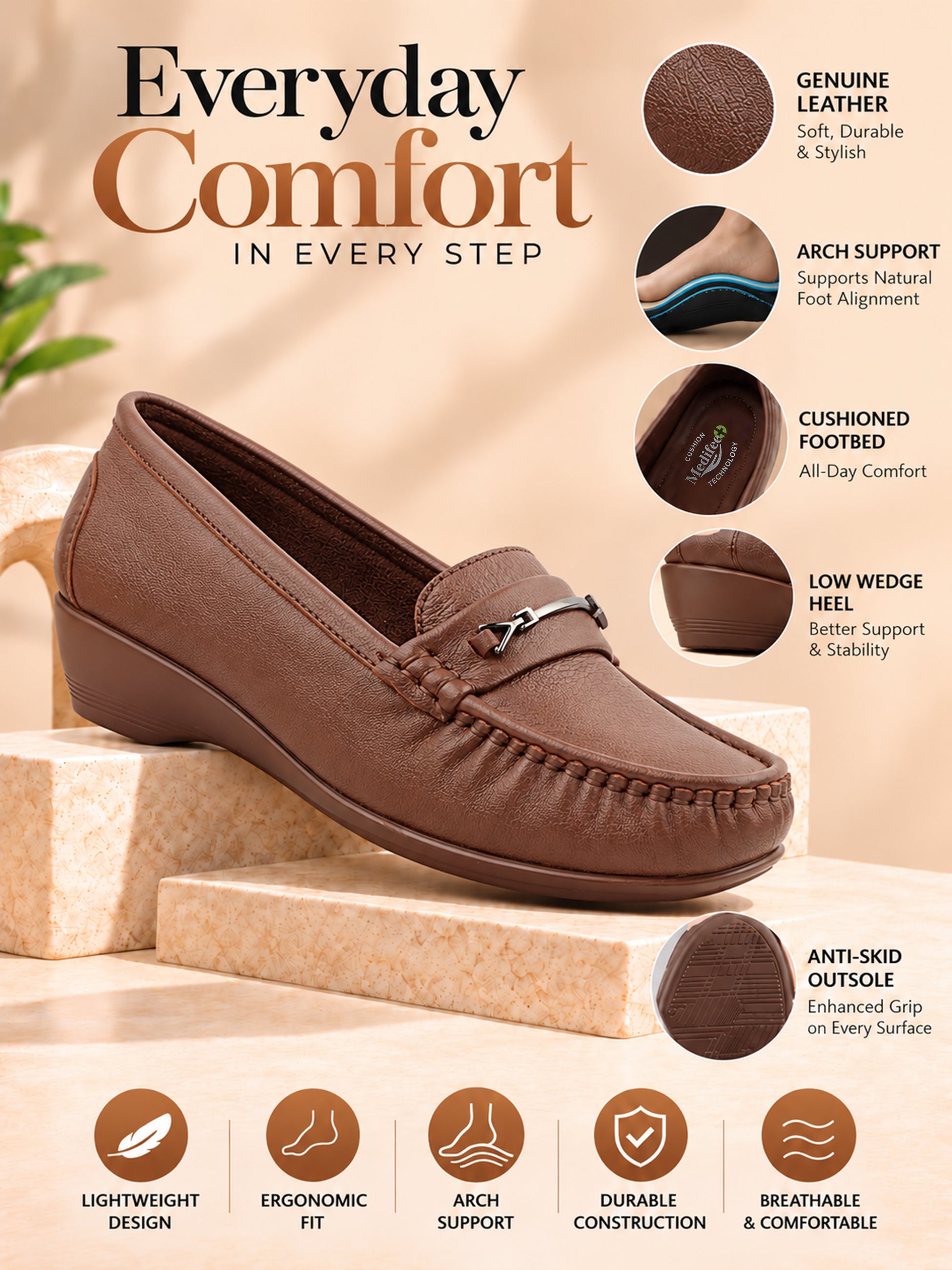 Medifeet Women’s Orthopedic Comfort Loafers – Slip-On Wedge Shoes with Arch Support, Cushioned Footbed & Metallic Horsebit Detail