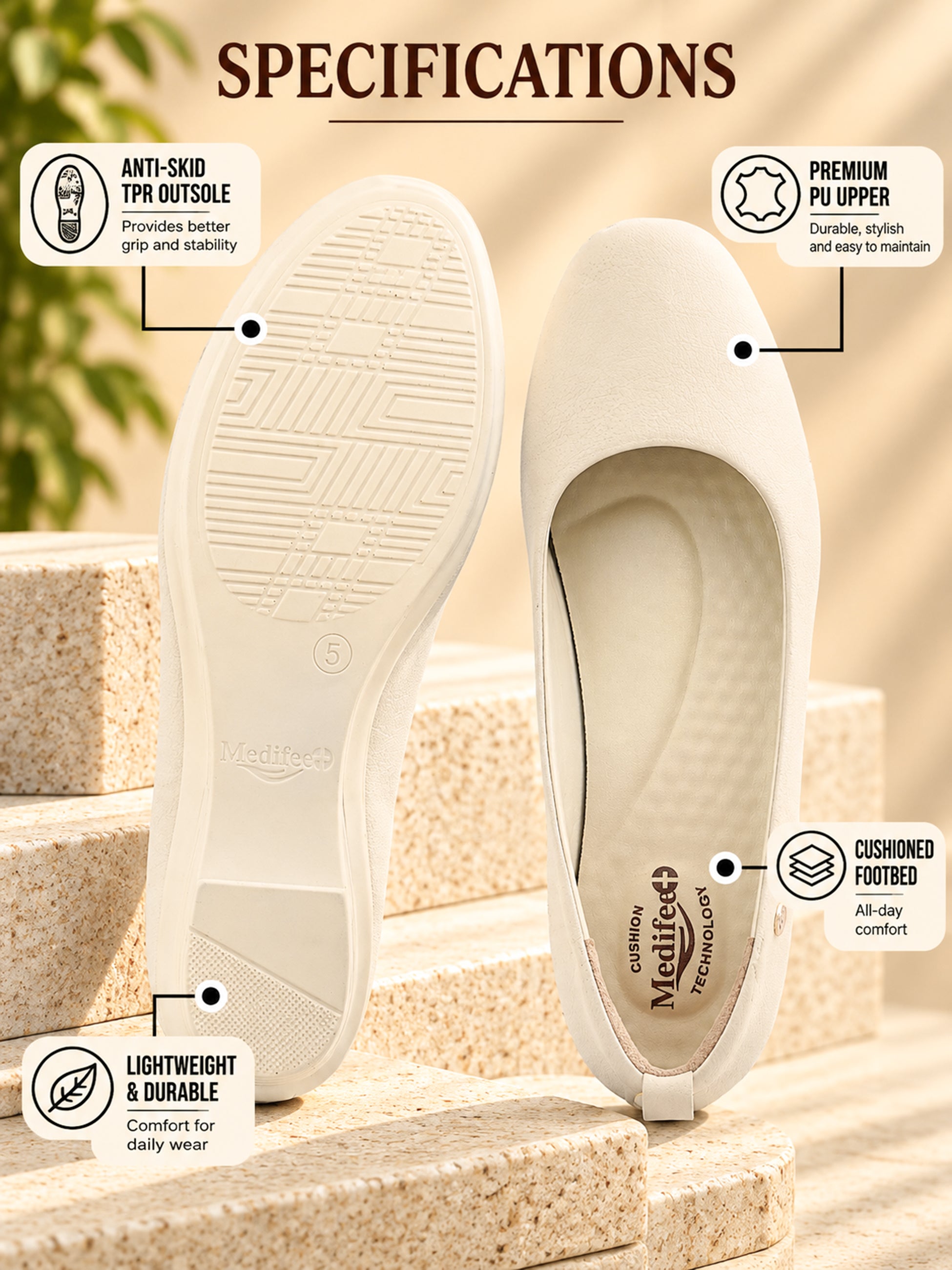 Medifeet Women's Heel Ballerina Slip-On Pump with Arch Support | Orthopedic Comfort | German Cushion Technology Footbed