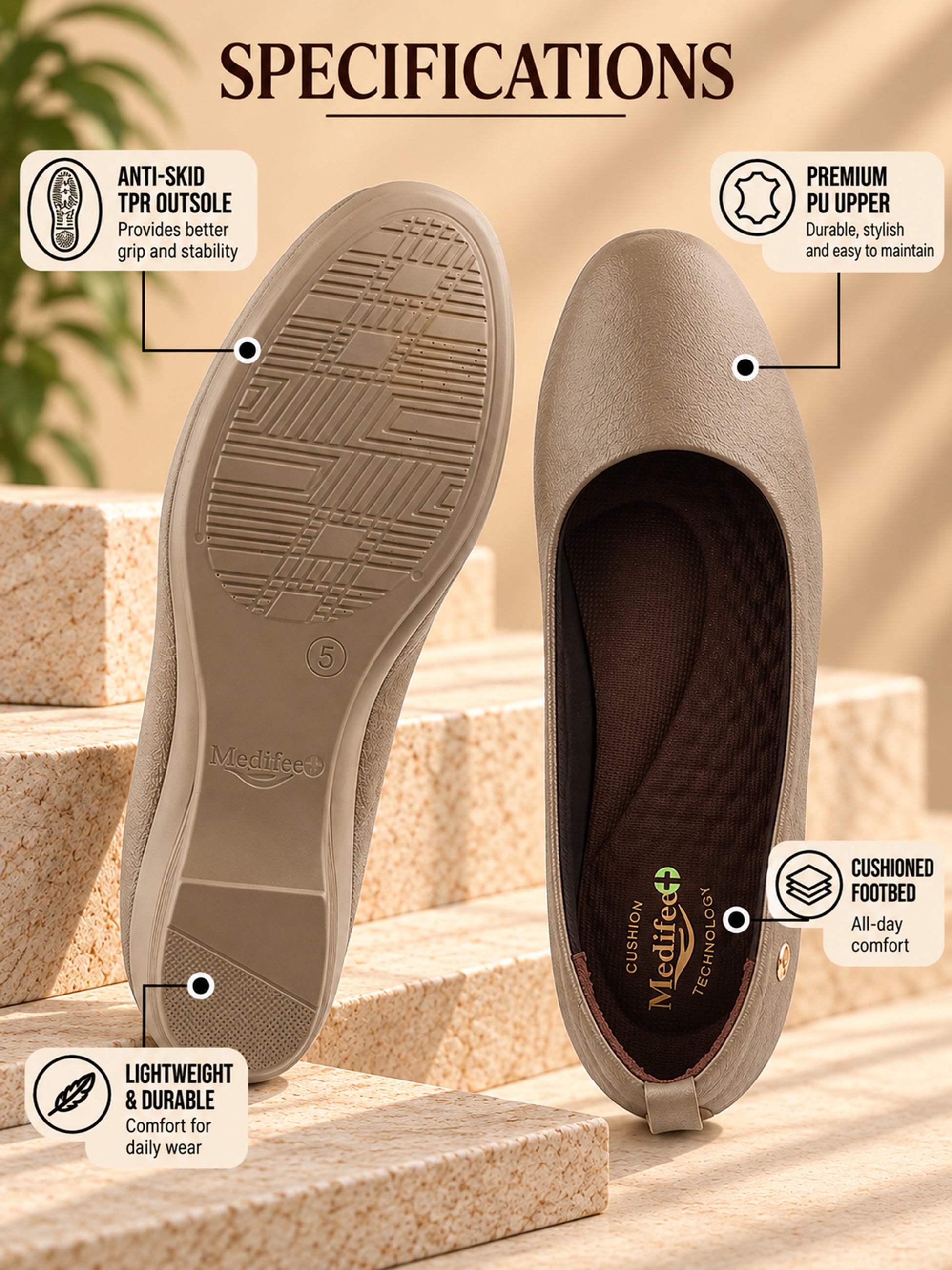 Medifeet Women's Heel Ballerina Slip-On Pump with Arch Support | Orthopedic Comfort | German Cushion Technology Footbed