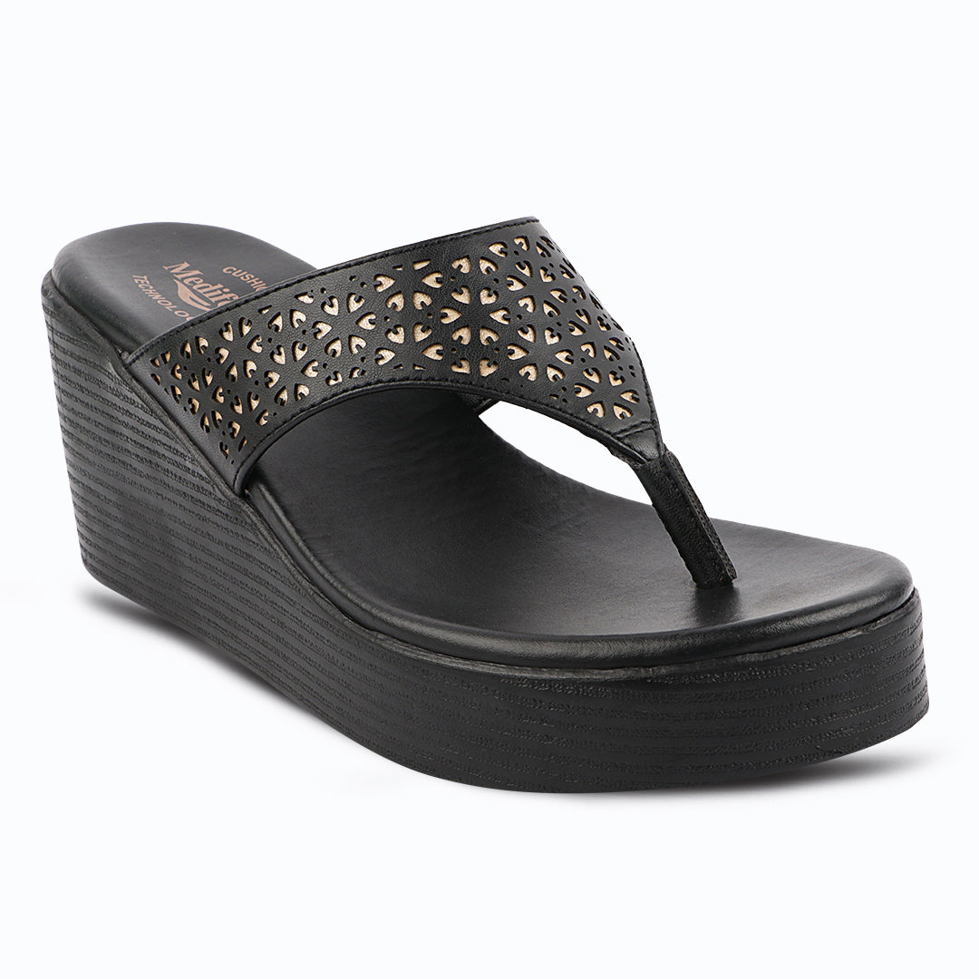 Medifeet Women’s Comfort Wedge Toe-Post Sandals | Cushioned Footbed | Stylish Laser-Cut Upper | Lightweight Platform Heels