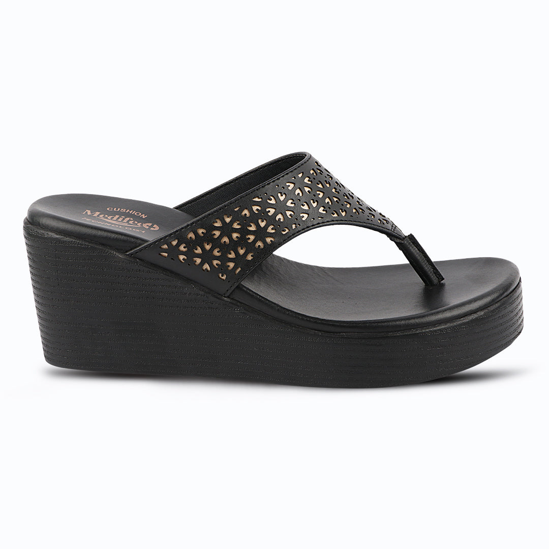 Medifeet Women’s Comfort Wedge Toe-Post Sandals | Cushioned Footbed | Stylish Laser-Cut Upper | Lightweight Platform Heels