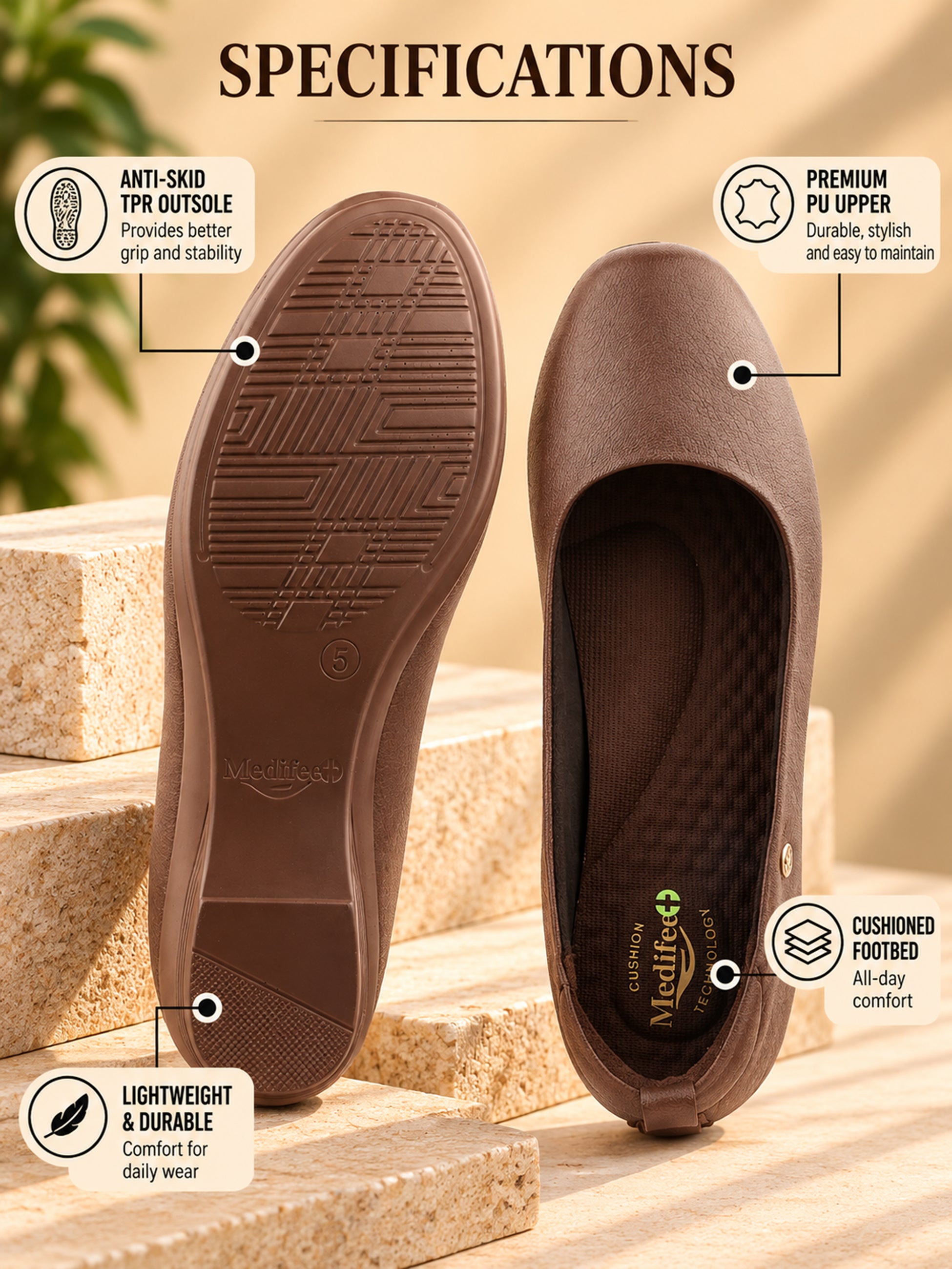 Medifeet Women's Heel Ballerina Slip-On Pump with Arch Support | Orthopedic Comfort | German Cushion Technology Footbed