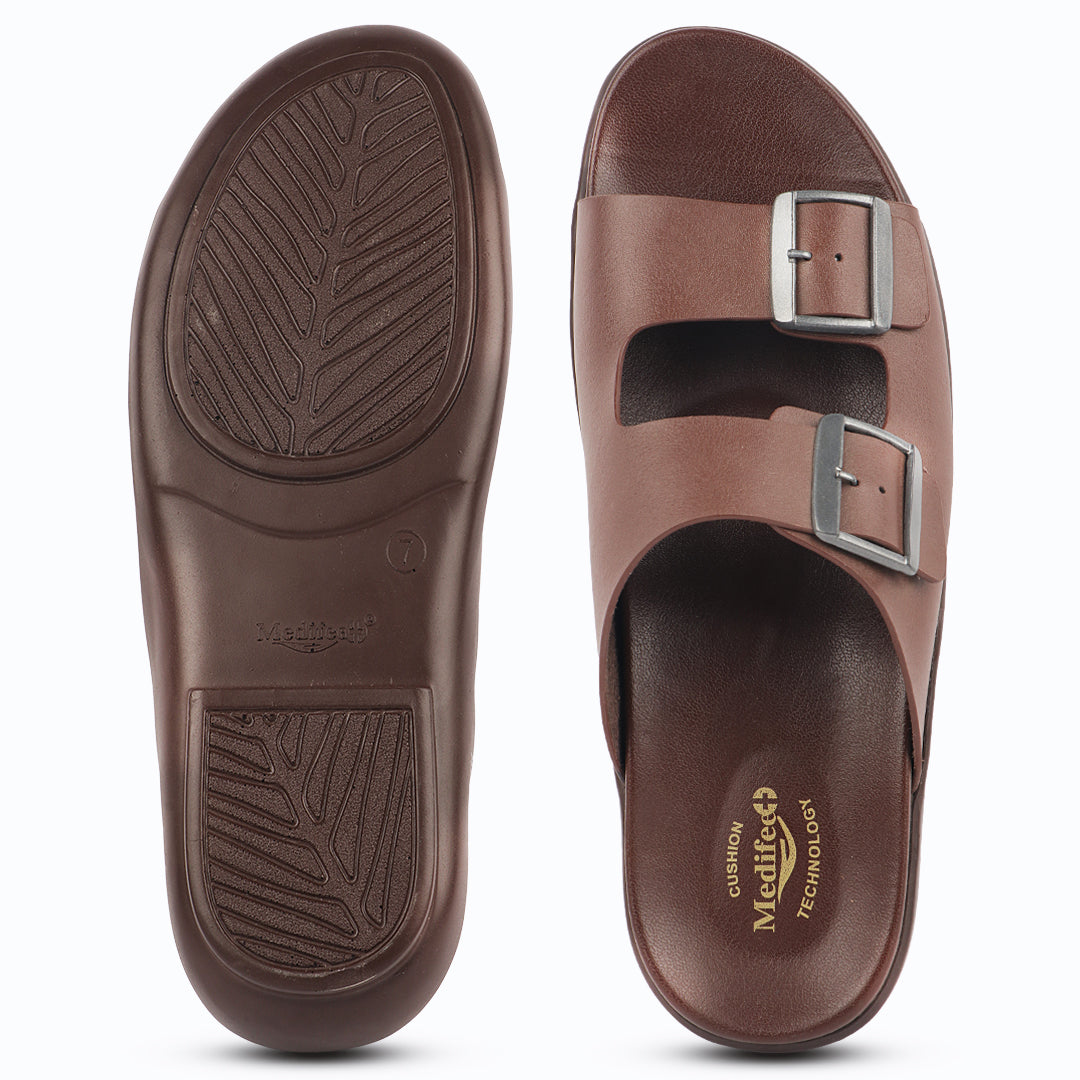 Medifeet Dual Buckle Leather Slippers for Men(Extra Comfortable with Arch Support)