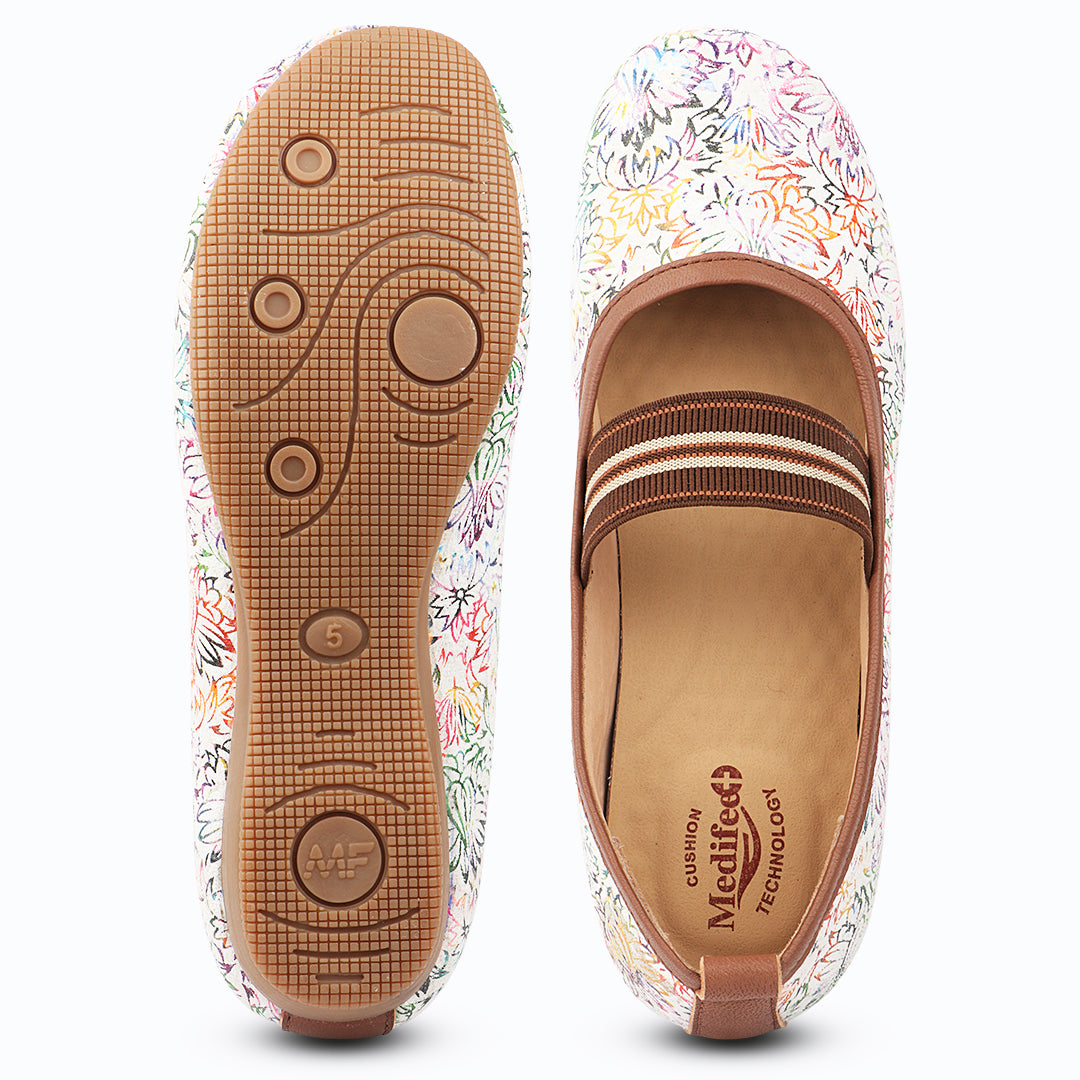 Medifeet Women's Floral Printed Comfort Ballerina Shoes with Arch Support, Cushioned Footbed & German Technology