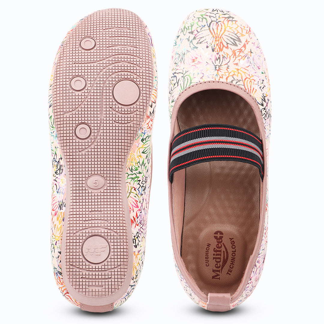 Medifeet Women's Floral Printed Comfort Ballerina Shoes with Arch Support, Cushioned Footbed & German Technology