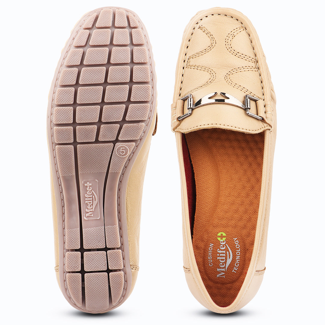 Medifeet Genuine Leather Metal Top Loafers with Arch Support For Women's