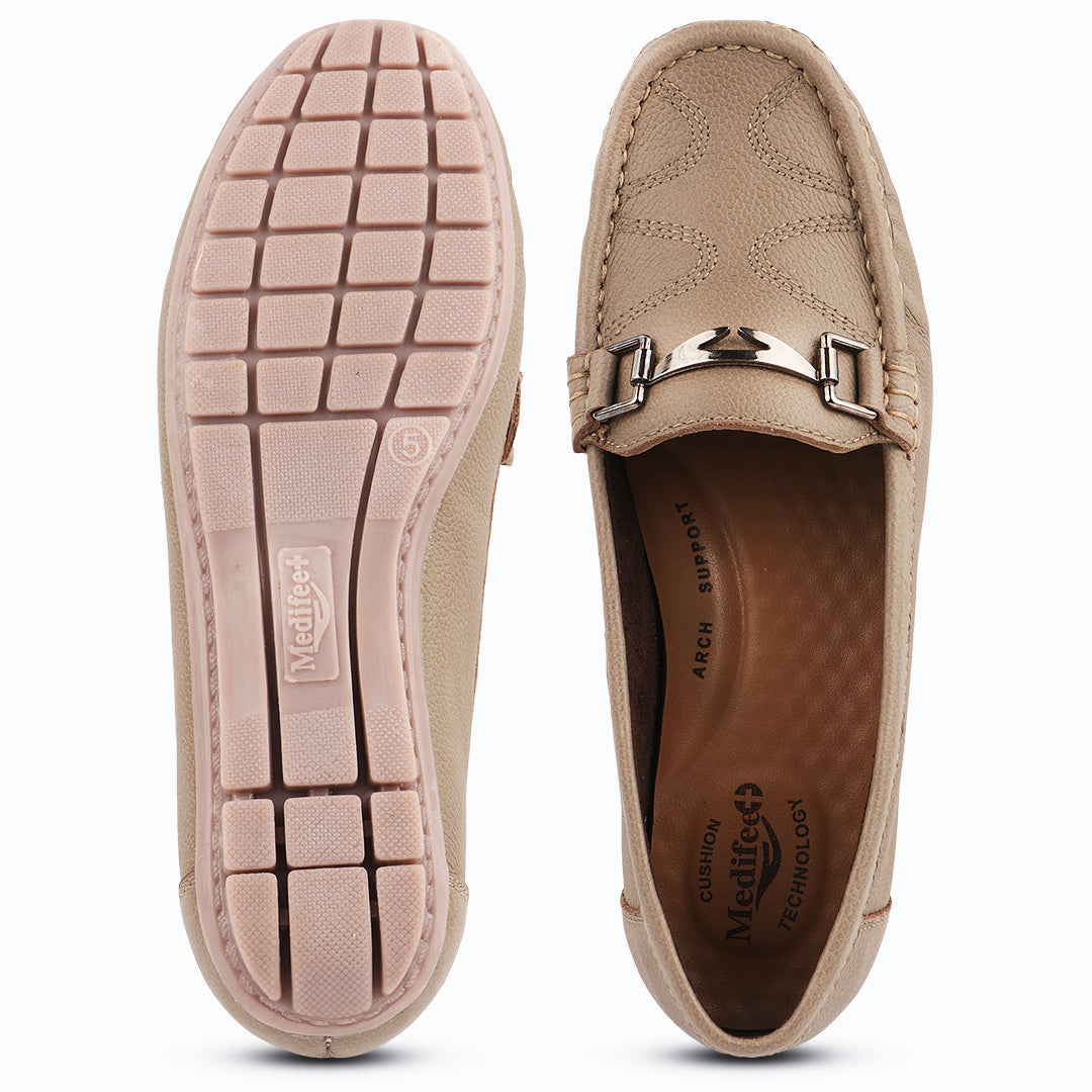 Medifeet Genuine Leather Metal Top Loafers with Arch Support For Women's