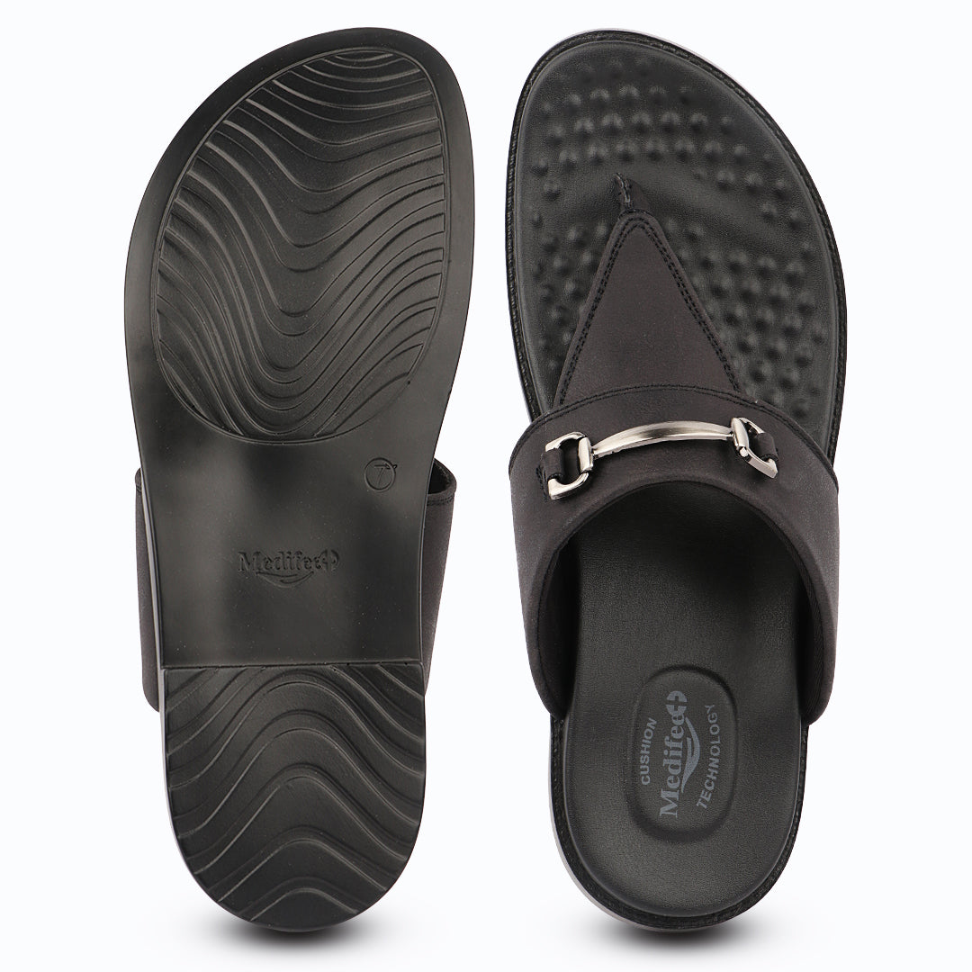 Medifeet Men's Leather Comfort Flip Flops | Soft Footbed | Anti-Slip Sole | Everyday Casual Wear