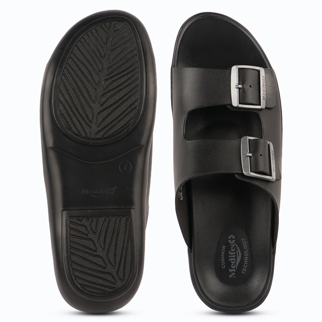 Medifeet Dual Buckle Leather Slippers for Men(Extra Comfortable with Arch Support)