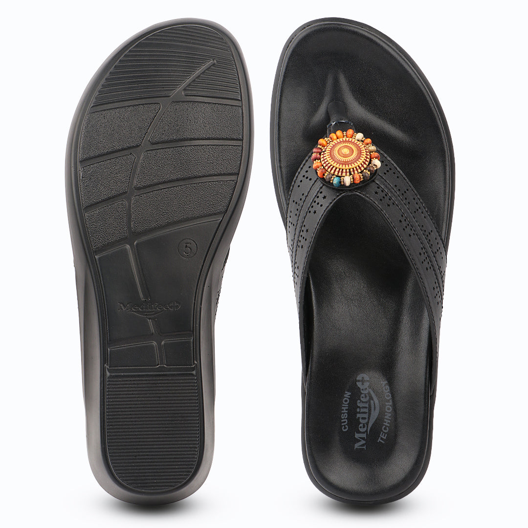 Medifeet Premium Laser Cut Strap with Elegant Embellishment Design Slippers For Women's - Everyday Comfort