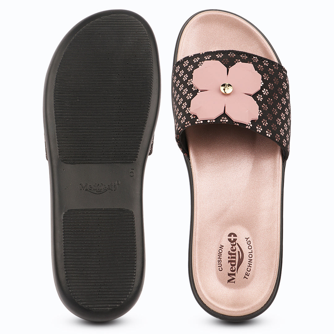 Medifeet Orthopedic Trendy Slides With Arch Support For Women's | Soft Cushion Sole Flats | Fashion Floral Footwear