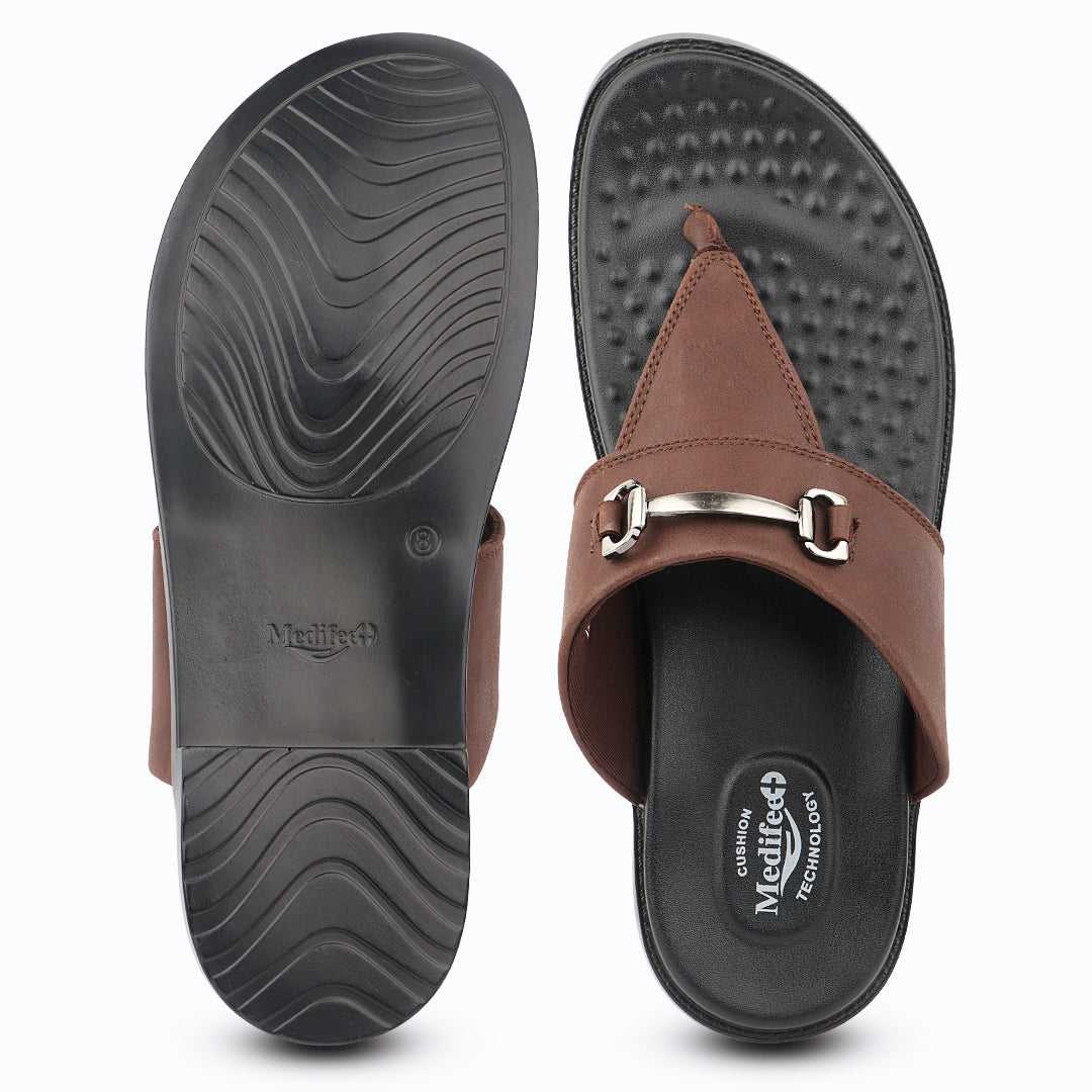Medifeet Men's Leather Comfort Flip Flops | Soft Footbed | Anti-Slip Sole | Everyday Casual Wear