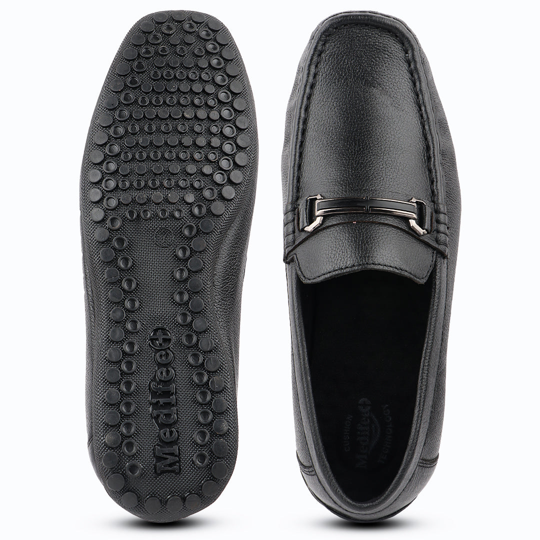 Medifeet Comfort Loafers with Metal Buckle Black Genuine Leather Shoe for Men's