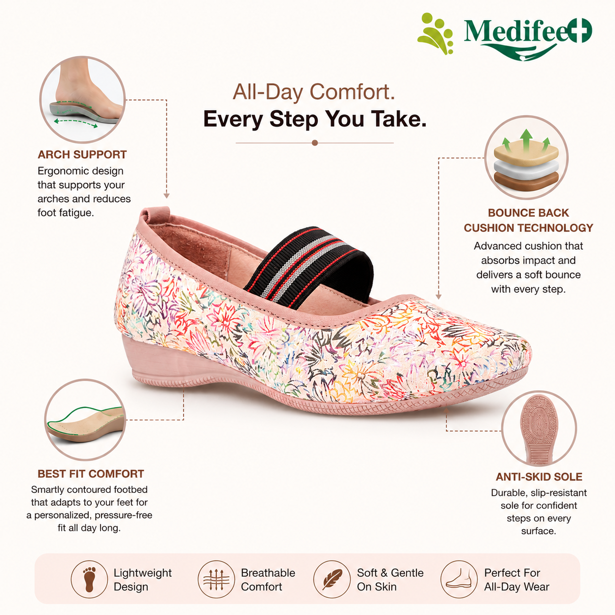 Medifeet Women's Floral Printed Comfort Ballerina Shoes with Arch Support, Cushioned Footbed & German Technology
