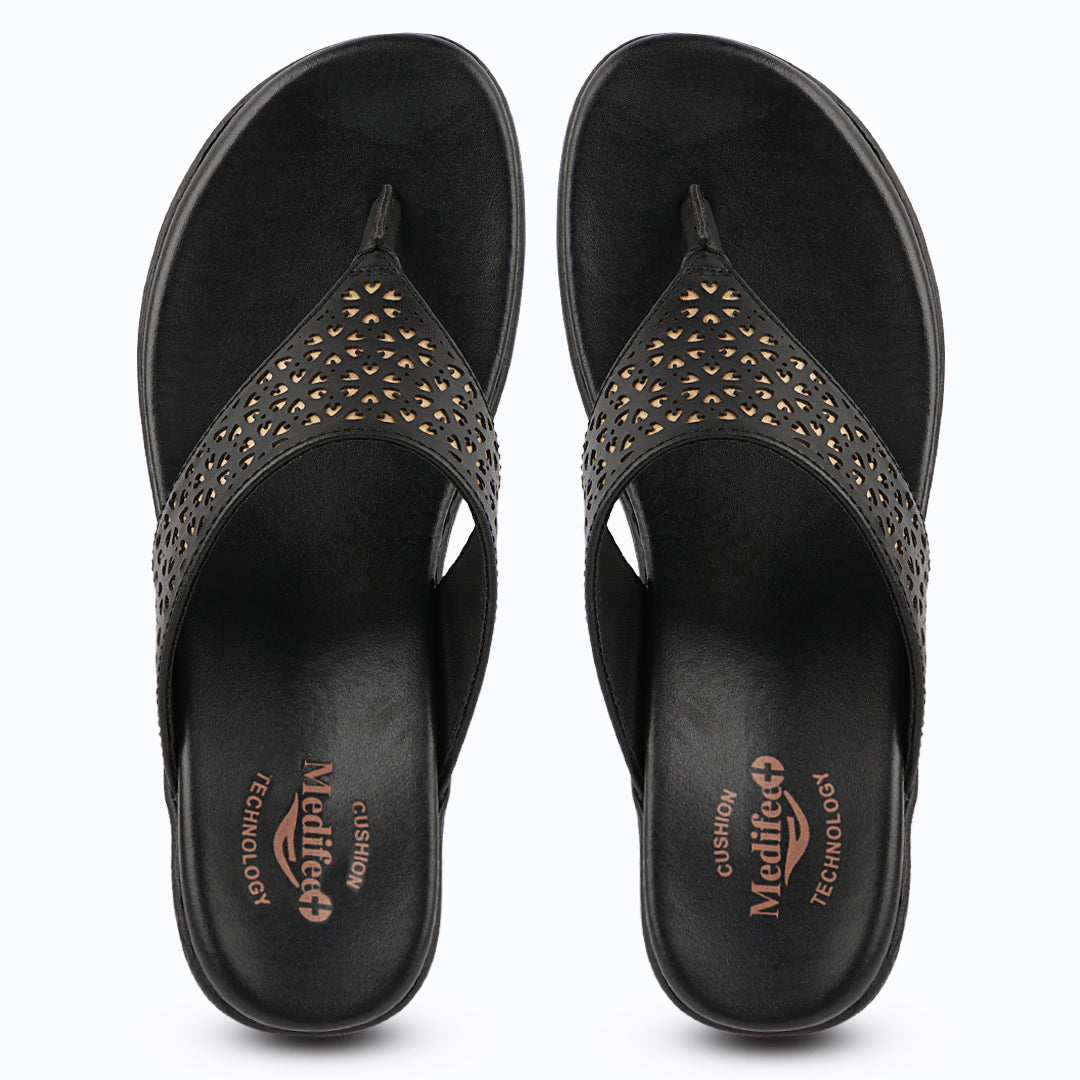Medifeet Women’s Comfort Wedge Toe-Post Sandals | Cushioned Footbed | Stylish Laser-Cut Upper | Lightweight Platform Heels