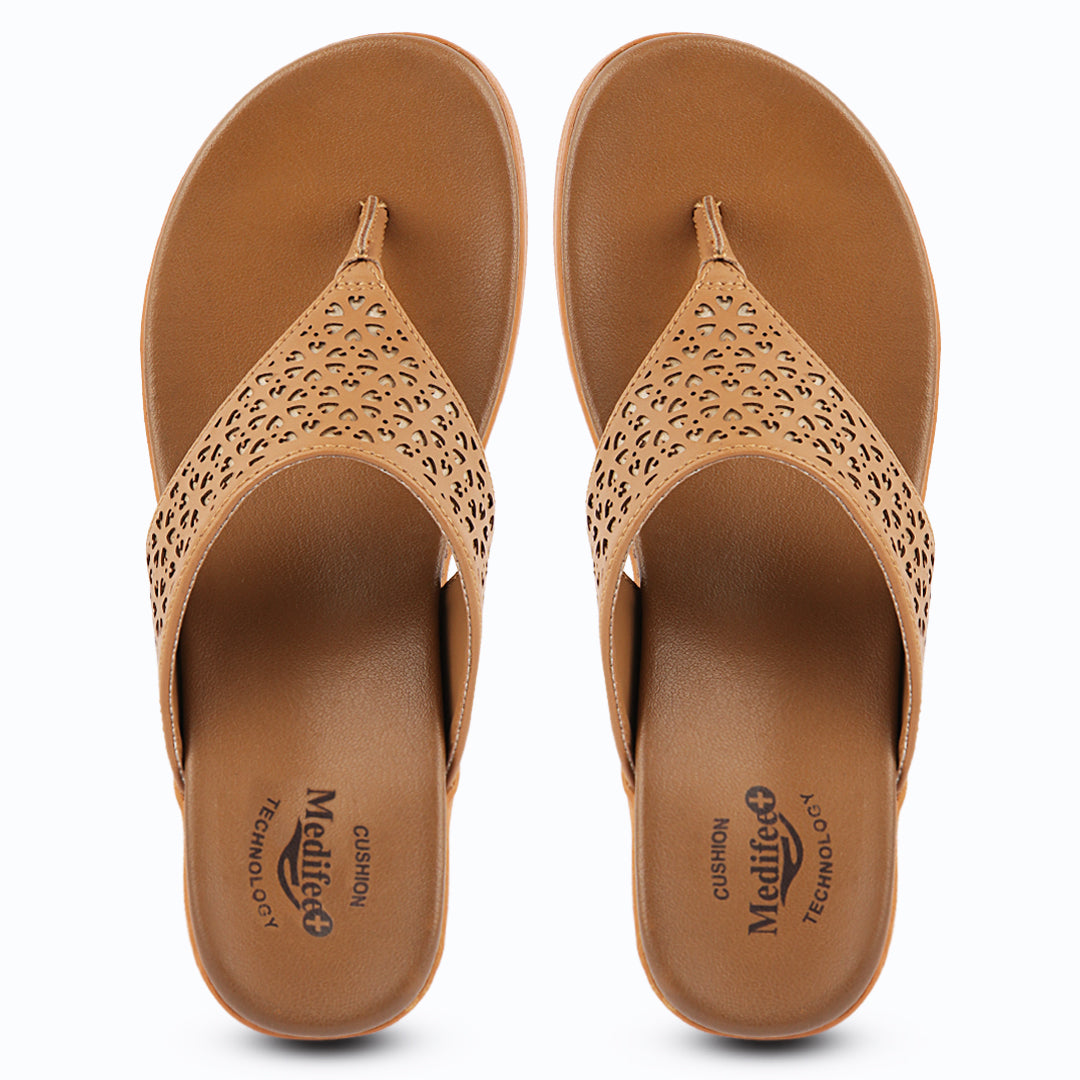 Medifeet Women’s Comfort Wedge Toe-Post Sandals | Cushioned Footbed | Stylish Laser-Cut Upper | Lightweight Platform Heels