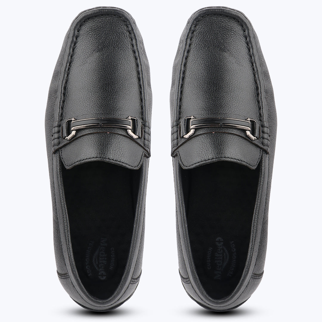 Medifeet Comfort Loafers with Metal Buckle Black Genuine Leather Shoe for Men's