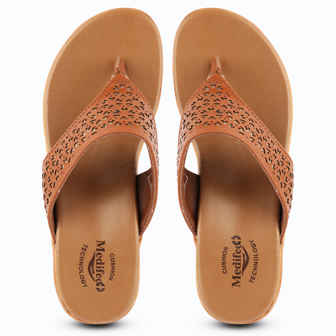 Medifeet Women’s Comfort Wedge Toe-Post Sandals | Cushioned Footbed | Stylish Laser-Cut Upper | Lightweight Platform Heels