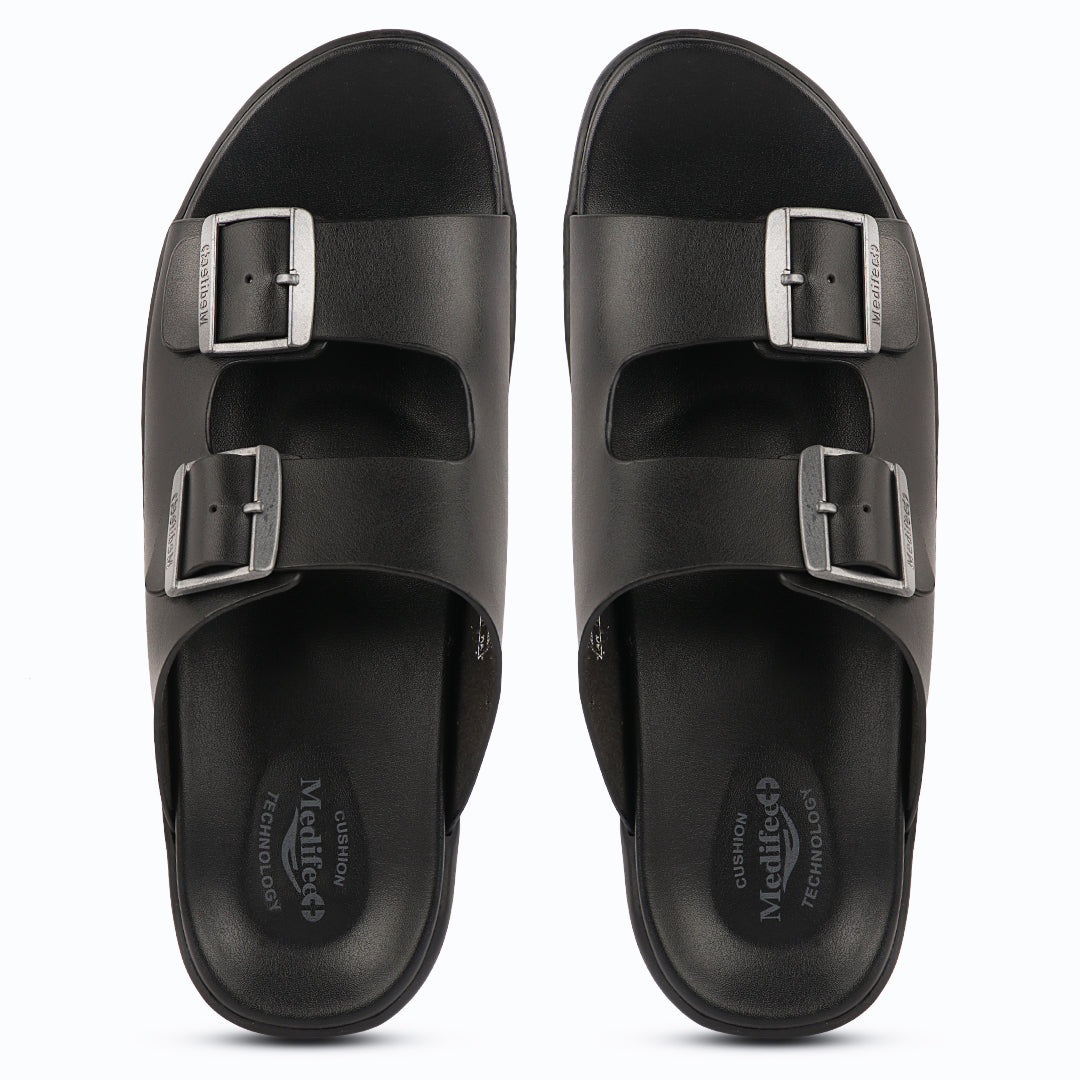 Medifeet Dual Buckle Leather Slippers for Men(Extra Comfortable with Arch Support)