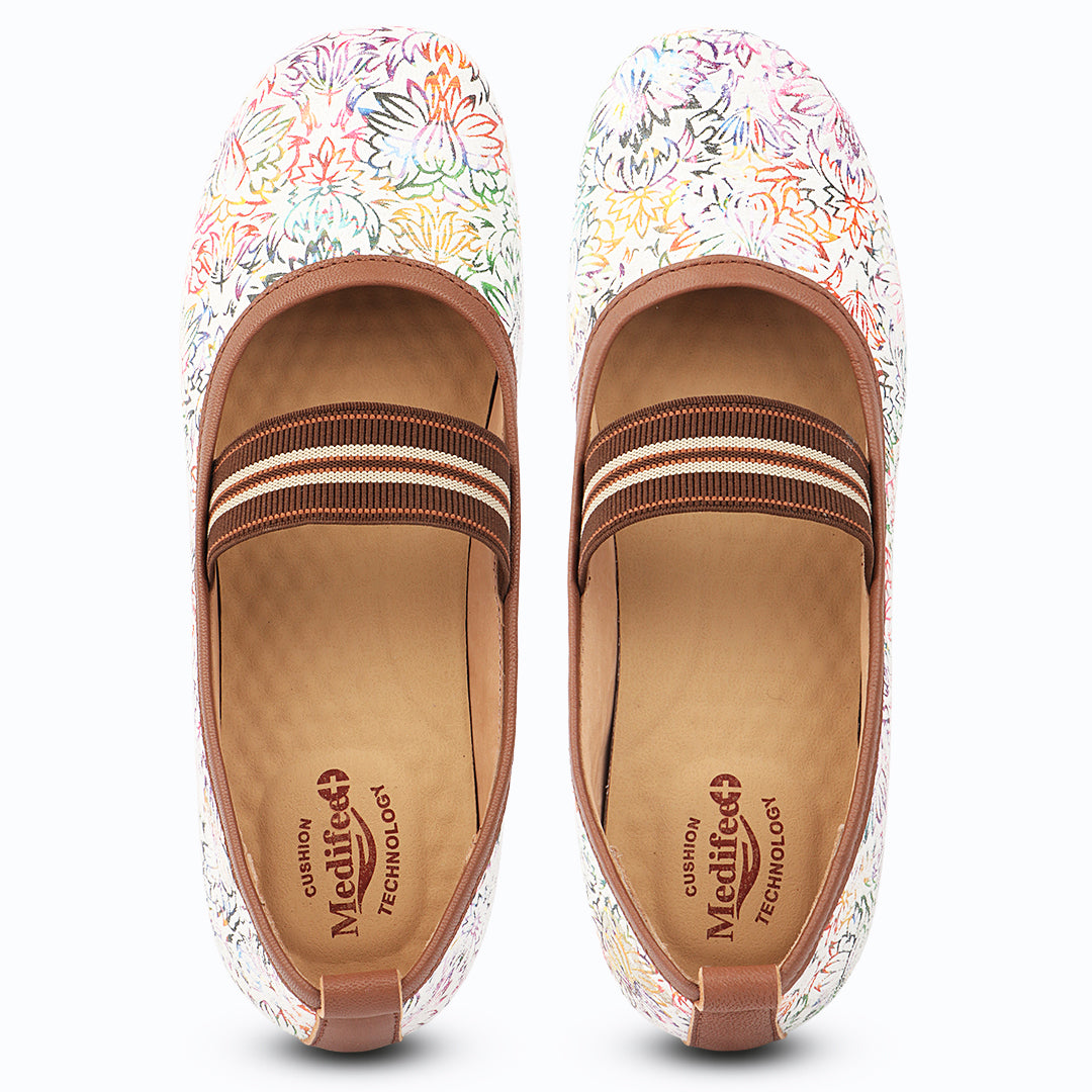 Medifeet Women's Floral Printed Comfort Ballerina Shoes with Arch Support, Cushioned Footbed & German Technology
