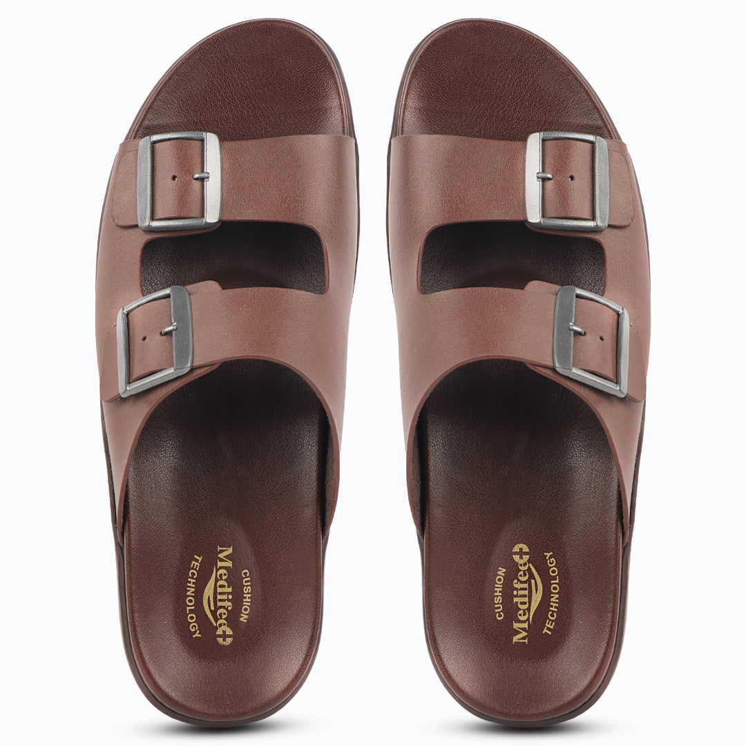 Medifeet Dual Buckle Leather Slippers for Men(Extra Comfortable with Arch Support)