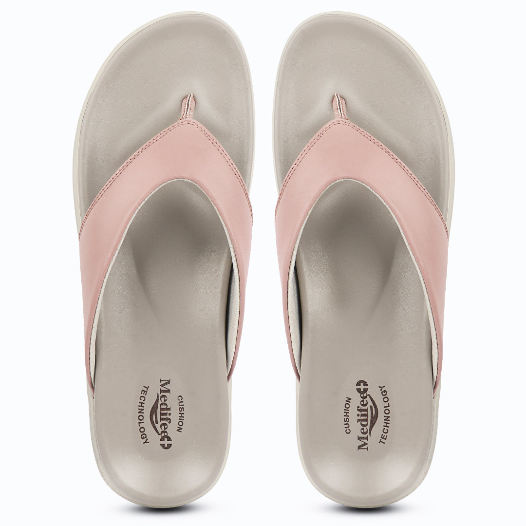 Cushioned V Strap Leather Slippers for Women