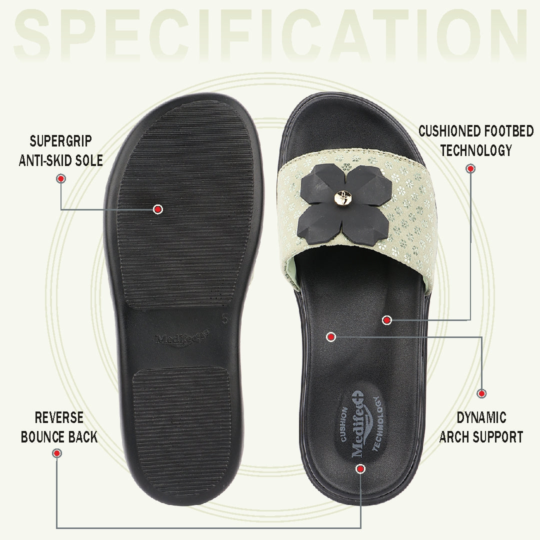 Medifeet Orthopedic Trendy Slides With Arch Support For Women's | Soft Cushion Sole Flats | Fashion Floral Footwear