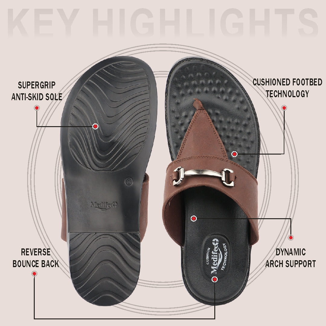 Medifeet Men's Leather Comfort Flip Flops | Soft Footbed | Anti-Slip Sole | Everyday Casual Wear