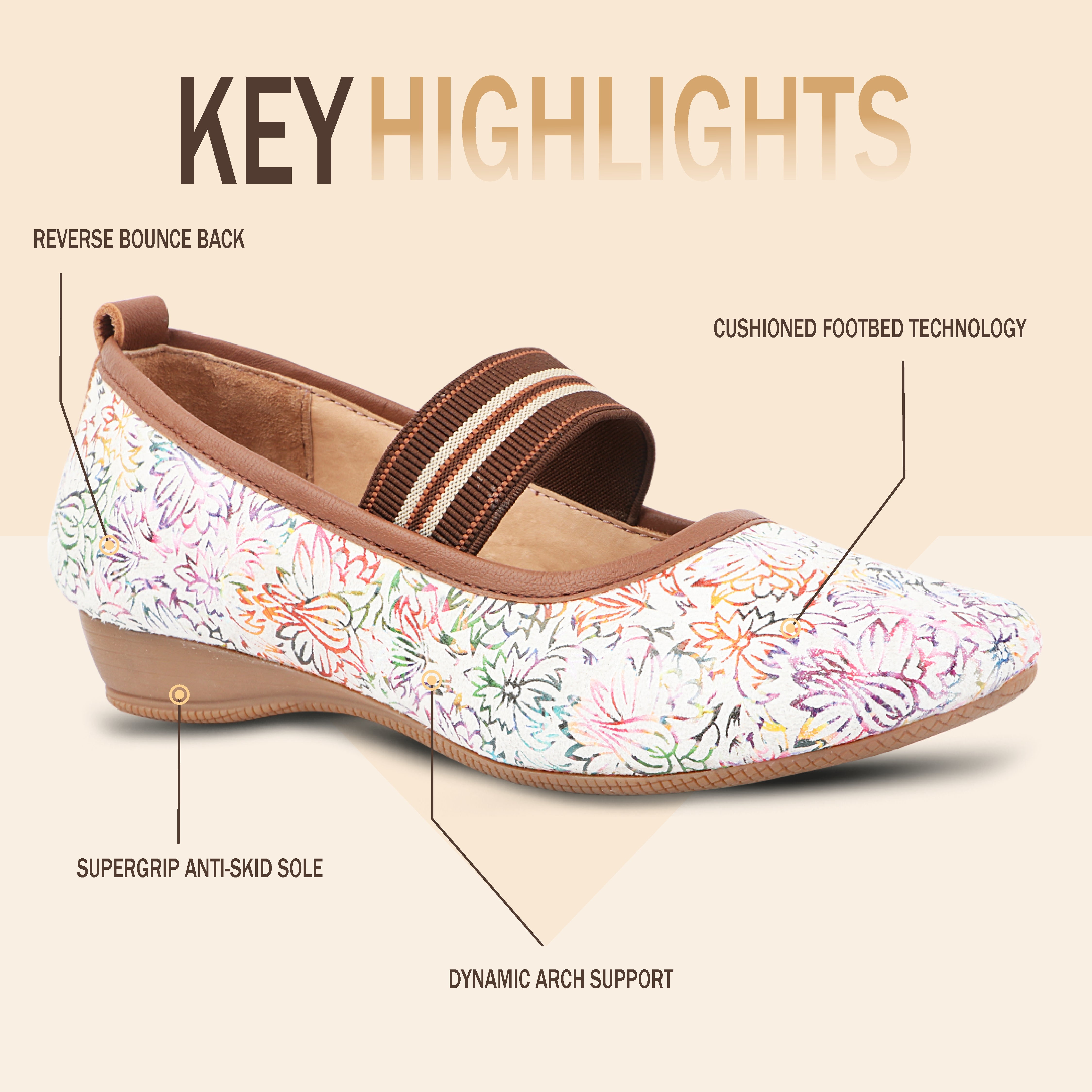 Medifeet Women's Floral Printed Comfort Ballerina Shoes with Arch Support, Cushioned Footbed & German Technology