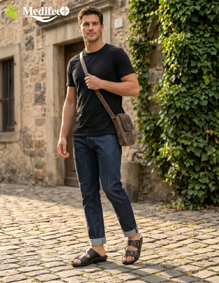 Medifeet Men's Orthopedic Comfort Sandals | Adjustable Double Buckle | Ergonomic Arch Support | Soft Cushioned Footbed | Lightweight Anti-Slip Walking Slides | Everyday Casual Footwear