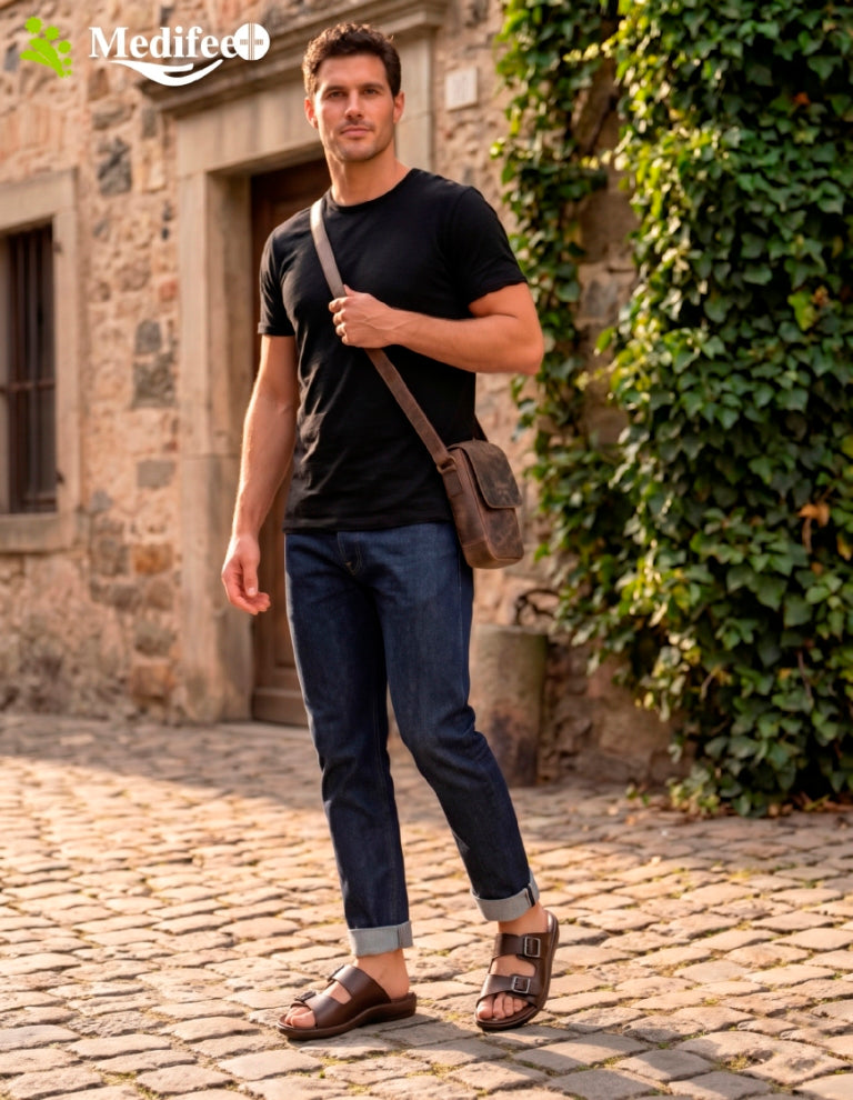 Medifeet Men's Orthopedic Comfort Sandals | Adjustable Double Buckle | Ergonomic Arch Support | Soft Cushioned Footbed | Lightweight Anti-Slip Walking Slides | Everyday Casual Footwear