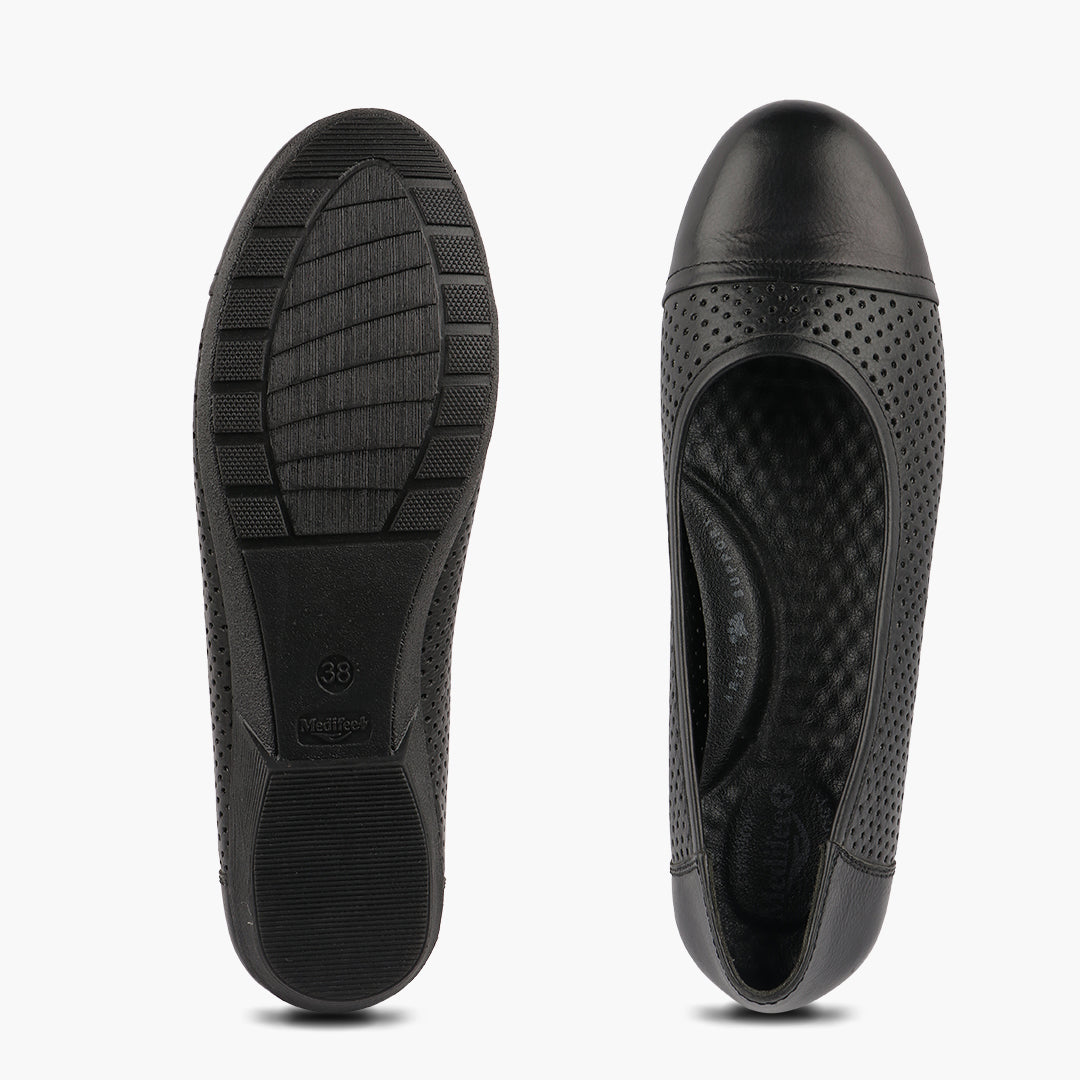 Medifeet Breathable Women Black Ballerina  (Premium Leather | Cushioned Footbed)