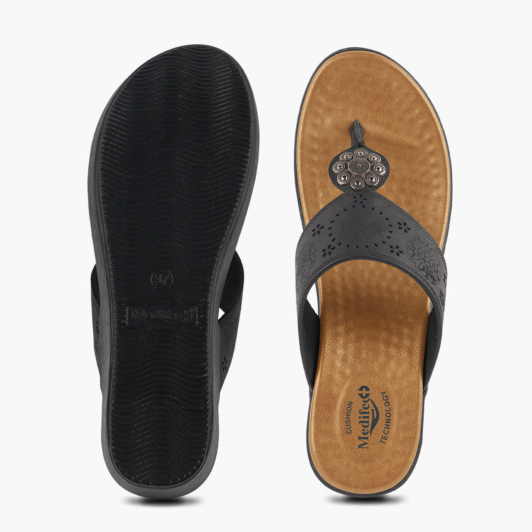 Medifeet Heel Sandals With Embellished Strap For Women's (Arch Support & Comfortable & Cushion Footbed Sandals)