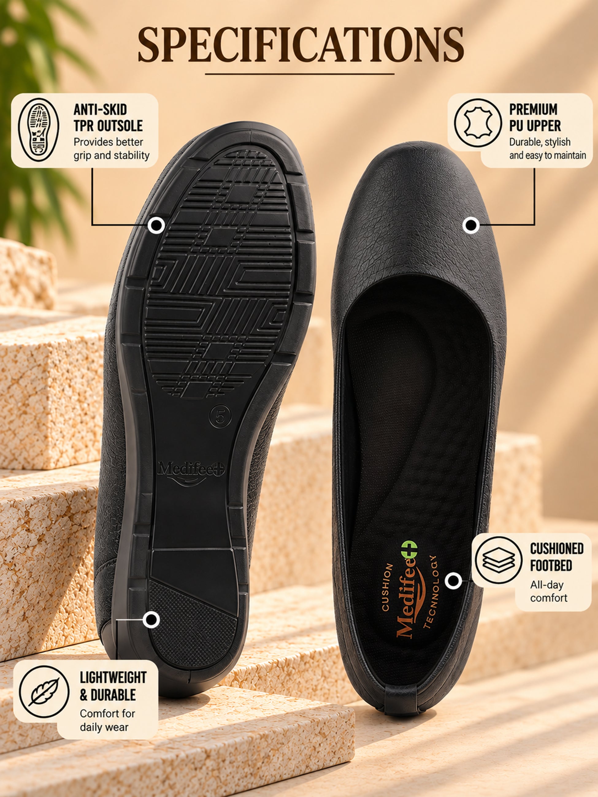 Medifeet Women's Heel Ballerina Slip-On Pump with Arch Support | Orthopedic Comfort | German Cushion Technology Footbed