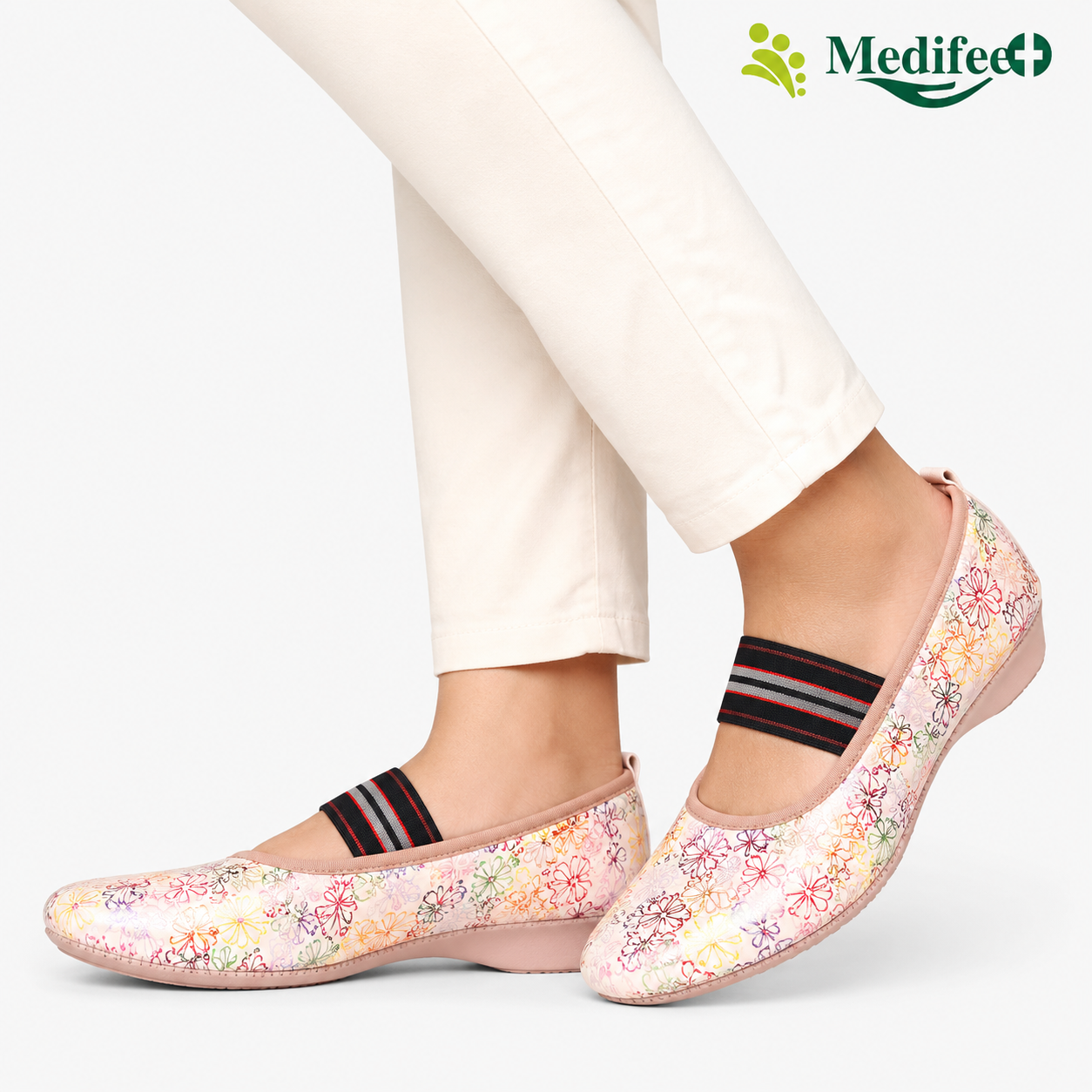Medifeet Women's Floral Printed Comfort Ballerina Shoes with Arch Support, Cushioned Footbed & German Technology