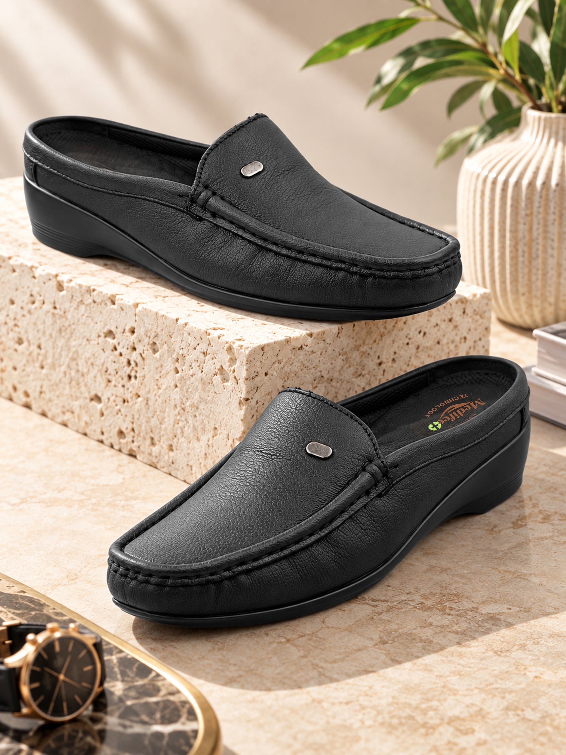 Medifeet Women’s Orthopedic Comfort Loafers – Black Slip-On Shoes with Arch Support & Cushioned Footbed