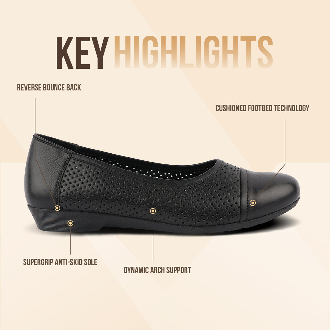 Medifeet Breathable Women Black Ballerina  (Premium Leather | Cushioned Footbed)
